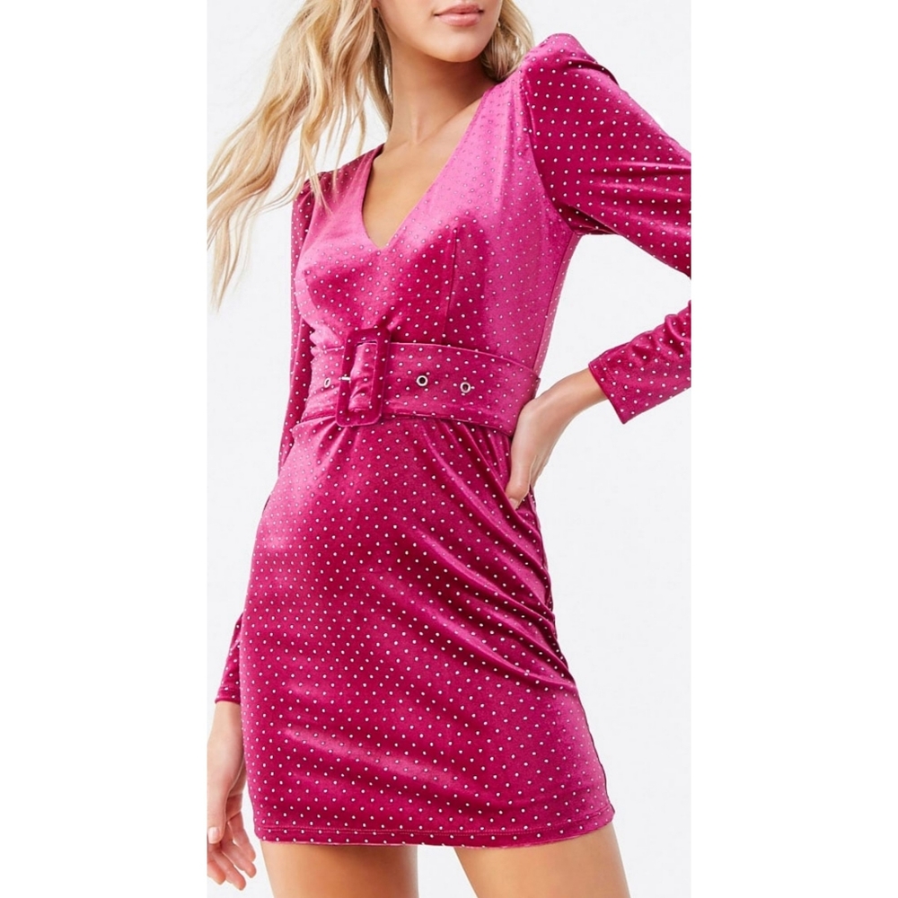Forever21 Velvet Vneck Mini Dress Belted Rhinestone